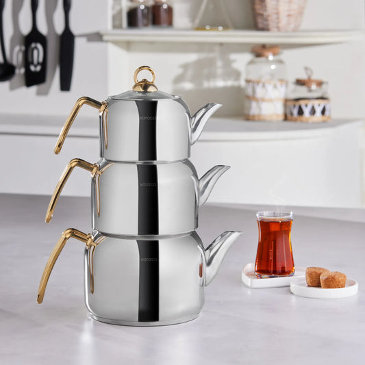 KARACA TRES 3 LU CAYDANLIK TAKIMI GOLD Tea Pot Set 3 Pieces Gold