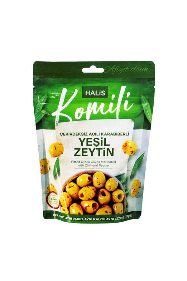 KOMİLİ ÇEKİRDEKSİZ ACILI KARABİBERLİ YEŞİL ZEYTİN 170gr