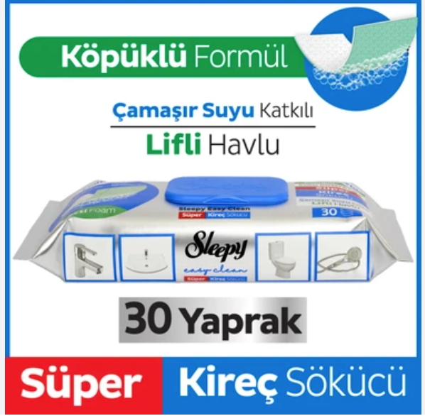 SLEEPY YUZEY TEMIZLEME MENDILI KIREC SOKUCU Surface Cleaning Wipes Descaler 30 sheets