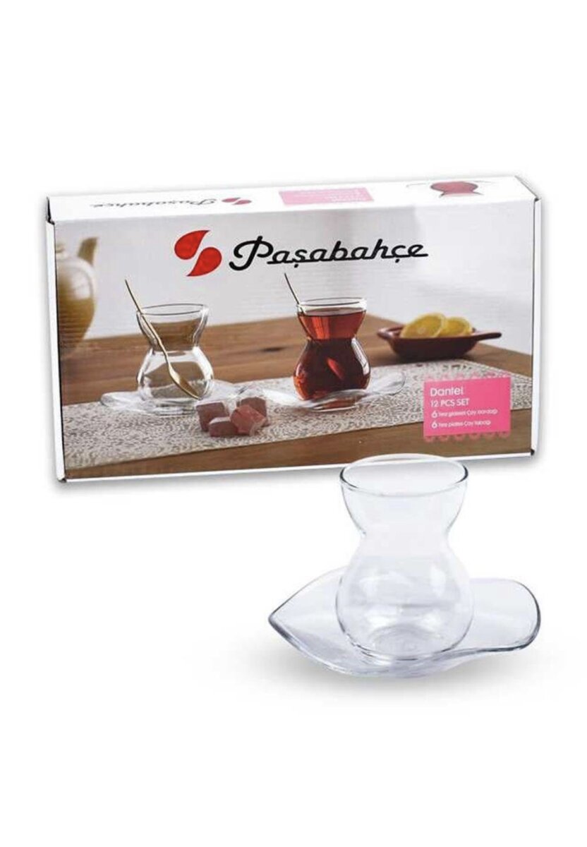 PASABAHCE Lace Tea Glass and Plate Set of 6 DANTEL CAY SETI