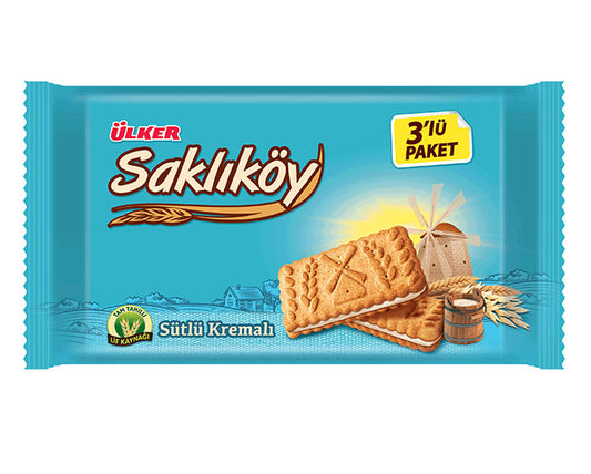 ULKER SAKLIKOY SUTLU KREMALI BISKUVI Oat Biscuits With Plain Cream 88g x 3 Pack of 3
